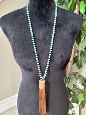 Turquoise Blue Beaded Long Tassel Necklace Brown Fringe Boho Statement Jewelry